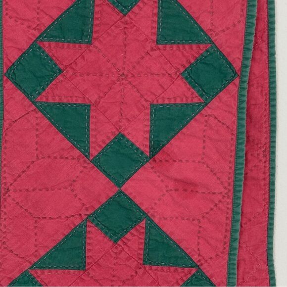Vintage Handmade Quilted Christmas Star Table Runner Red Green 22x64 - Picture 5 of 9